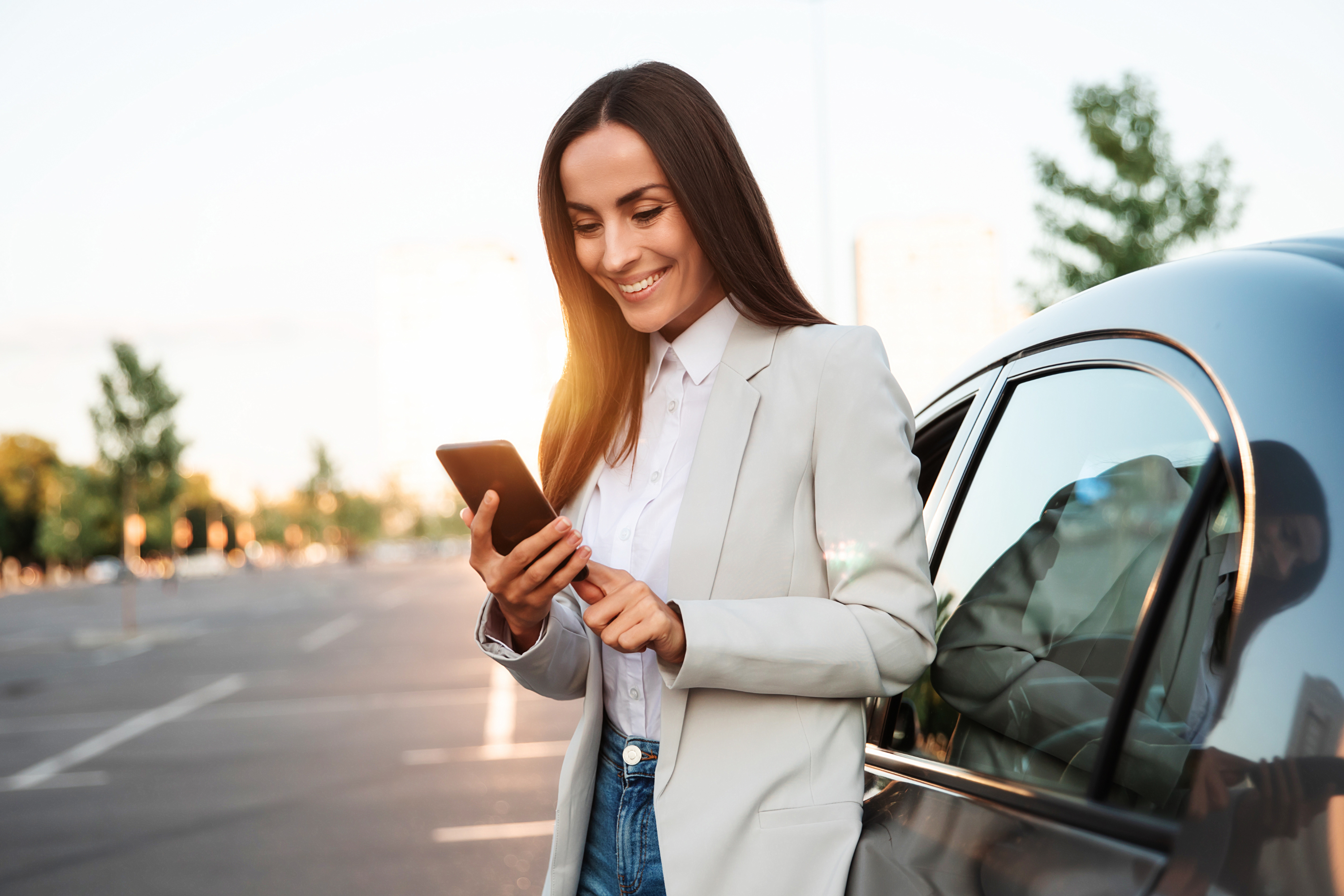 Woman Blazer Jeans Mobile Phone Car Outdoors