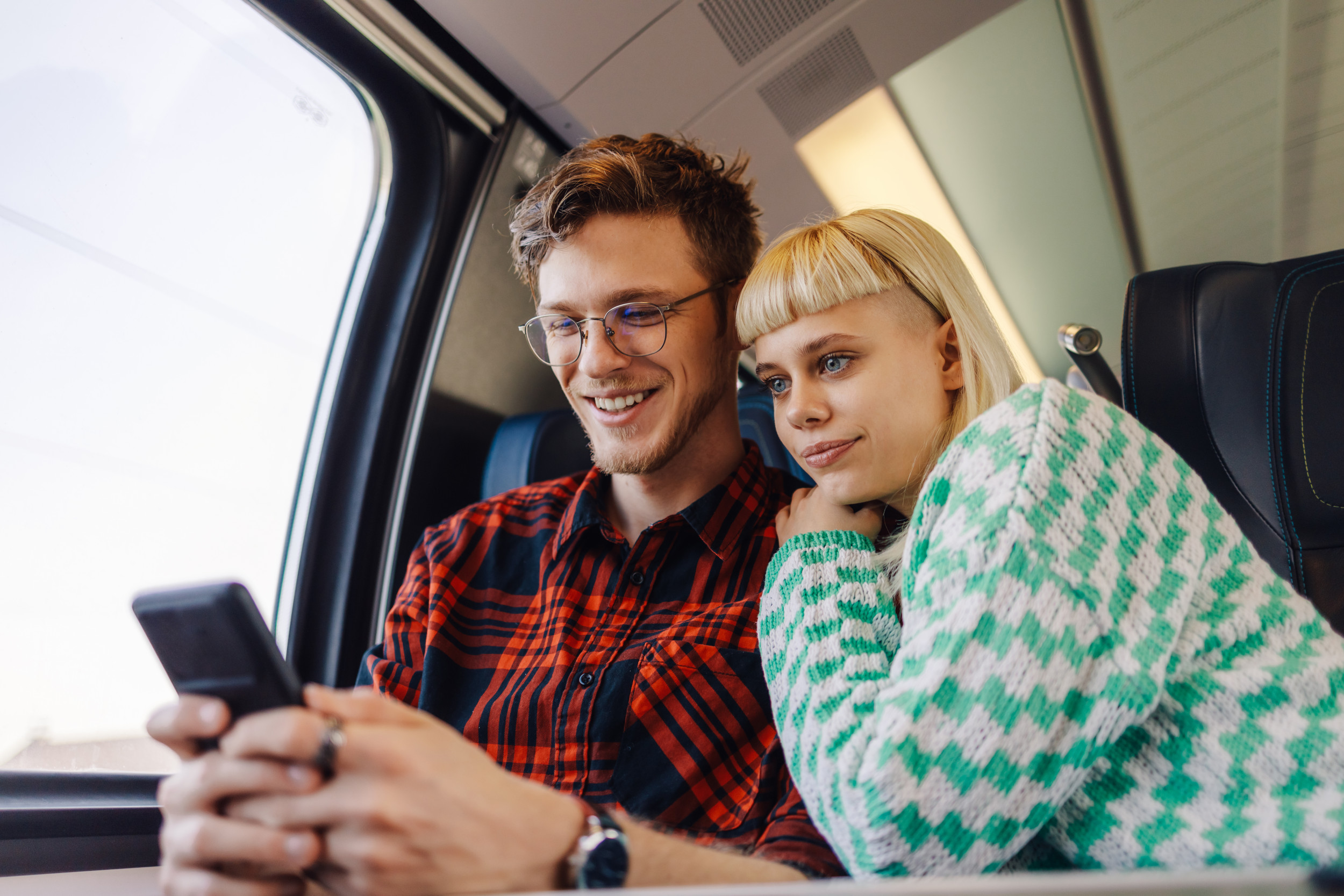 Young Couple Traveling Train Smile Mobile Phone