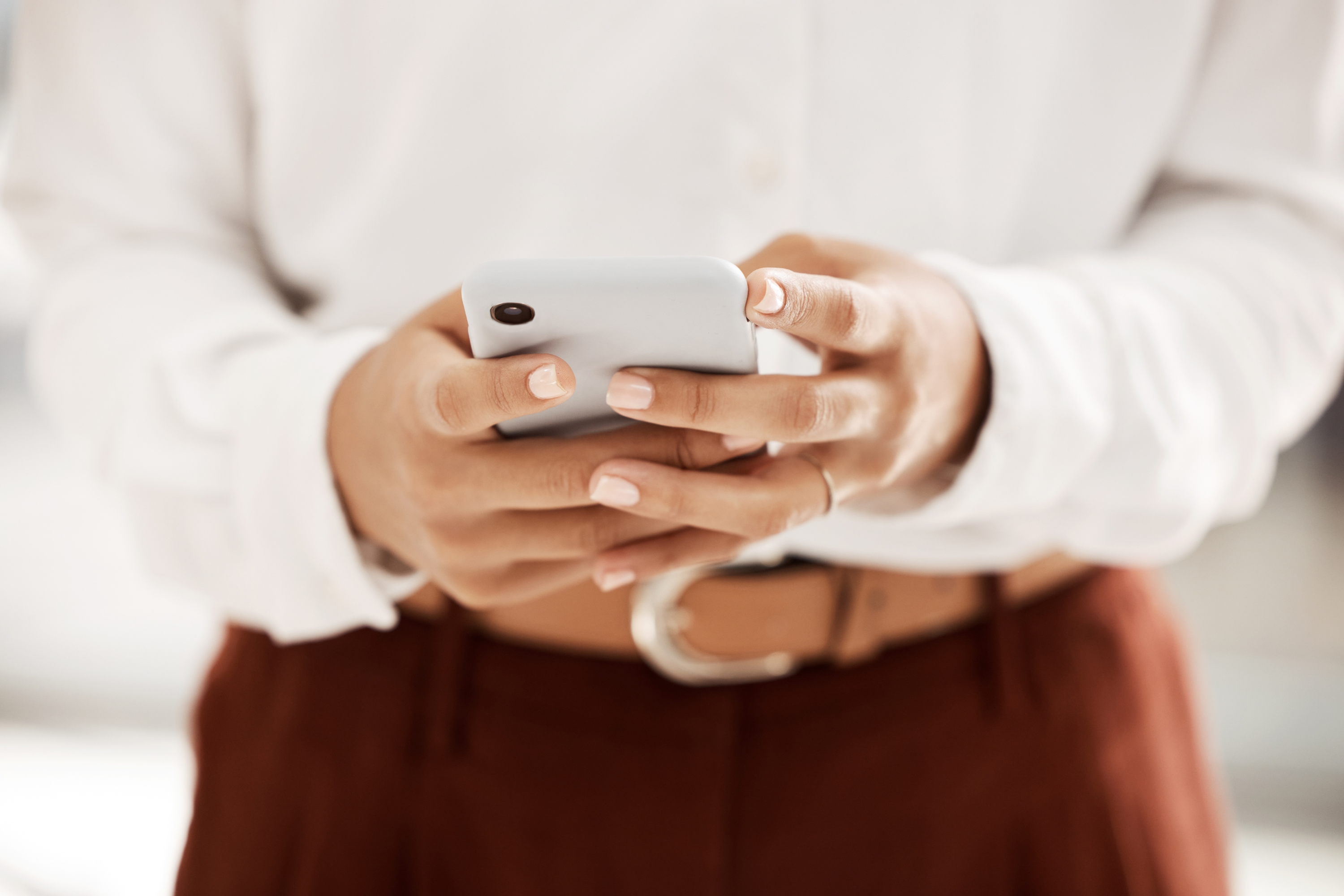 Woman Types Mobile Phone Painted Nails Work