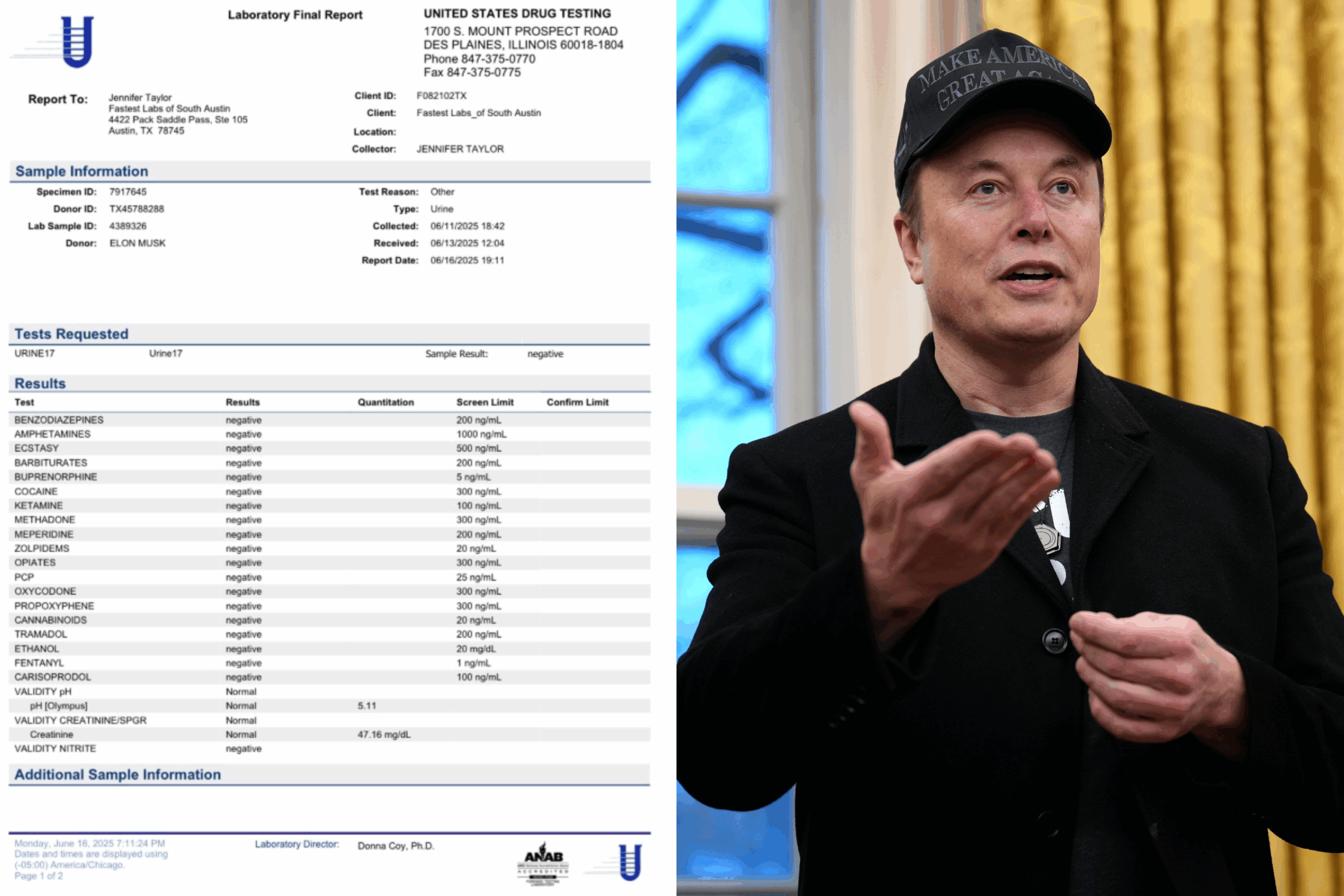 Elon Musk, Apparent Negative Drug Test