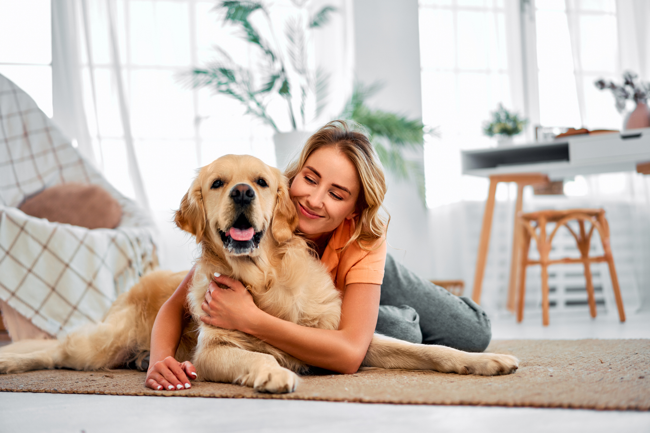 Stock image of golden retriever and woman.