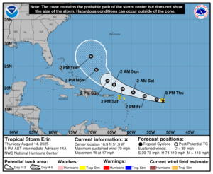 Tropical Storm Erin strengthens