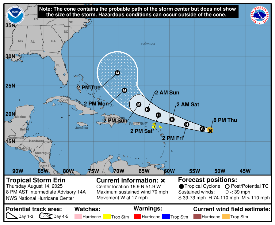 Tropical Storm Erin strengthens