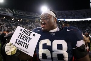 Anthony Donkoh #68 of the Penn State Nittany Lions holds