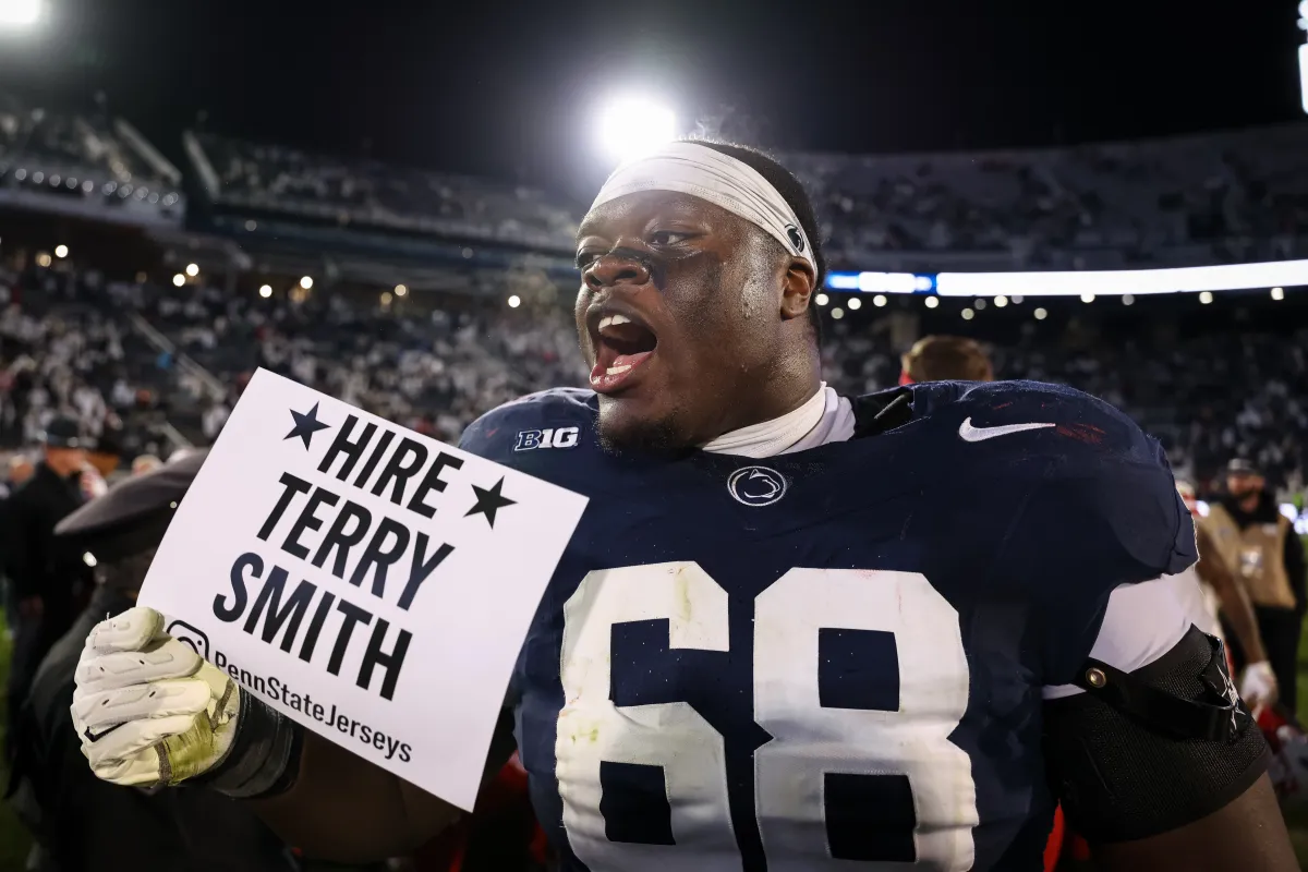 Anthony Donkoh #68 of the Penn State Nittany Lions holds
